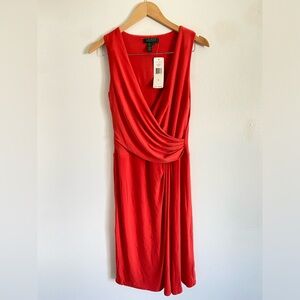 NWT Ralph Lauren Midi Dress Womens Orange Pleated Faux Wrap Cocktail Size 4